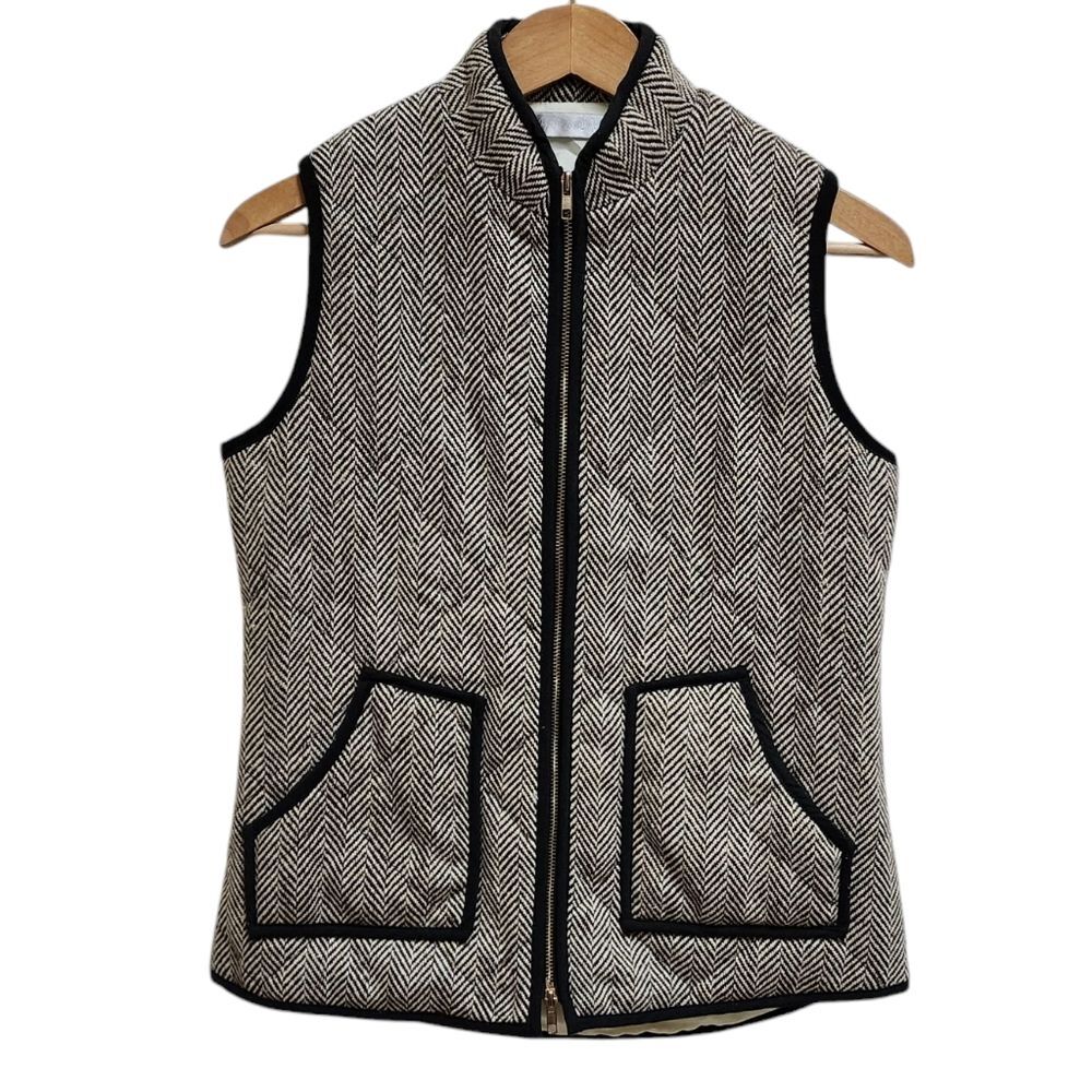 Hemline Mom Vest Womens L Brown Herringbone Wool Blend Quilted Zipper Pockets